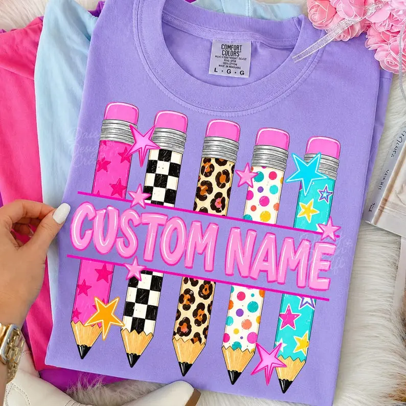 [Custom] Comfort Colors Personalized Pencil Teacher Shirt, Custom Teacher Name Tee, Preppy Back To School T-Shirt, Classroom Gift