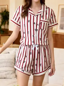 Women's Striped Letter Print Short Sleeve Shorts Pajama Set, Comfortable Sleepwear for Women, Casual Home Loungewear