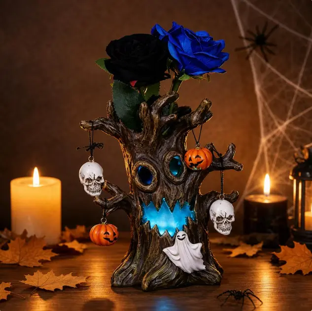 Gothic Halloween Spooky Tree Vase - Blue LED Ghost Face Light, Black & Blue Rose Flowers, Mini Pumpkins, Skull Ornaments, Garden Statue, Home Tabletop Decoration for Holiday Parties