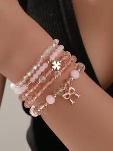 5pcsWomen's Bow Pendant Bracelet Set, Pearl Crystal Beaded Jewelry, Resin Chain Material, Boho Style Accessory for All Seasons