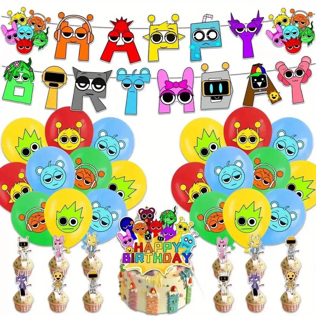 36pcs Birthday Party Decoration Set, Colorful Balloon & Cake Topper Kit with Banner, Cartoon Style Party Supplies for Kids Birthday Celebration