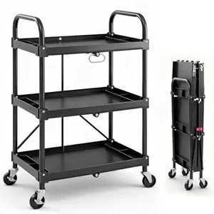 3-Tier Folding Utility Cart, Collapsible Service Cart with 4 Swivel Wheels & Brakes, 120LBS Capacity & Collapsible Storage Rolling Cart for Kitchen, Office, Garden, Garage, Black