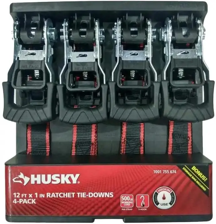 Strong Travel-Friendly Ratchet Tie-Down Straps - 4-Pack, 12 ft x 1 in, Adjustable Ropes, S-Hooks for Luggage Accessories, Strong Luggage Straps, Travel-Friendly Luggage Straps