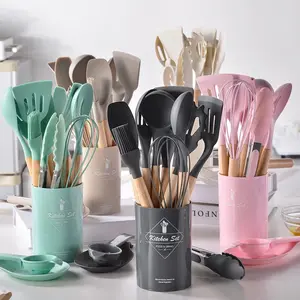 Silicone Kitchen Utensils Set, 14pcs/set Wooden Handle Non-stick Baking Tool Set, Multifunctional Household Kitchen Set for Cooking & Baking Silicone Spatula Set
