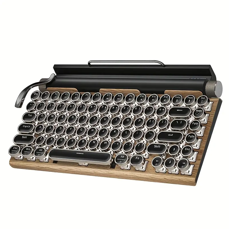 Retro Typewriter Wireless Mechanical Gaming Keyboard, Wireless Office Computer Vintage Keyboards 83-Key Blue Switches Punk Round Keycap, LED Backlight, Compatible With PC/Lap/Pad/Phone