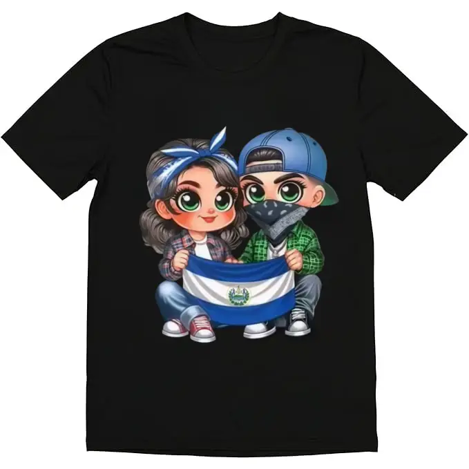 HAGBDH Salvadoran Kids with Flag Graphic Tee - Cotton Crewneck T-Shirt for Men - Casual Y2K Streetwear - Black Short Sleeve Top - Regular Fit - Slight