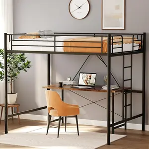 summervibes Full  High-Rise Black Metal Bunk Bed, Round Post Crossbar Guardrail, Vertical Ladder with Square Treads & Non-Slip Rubber Pads