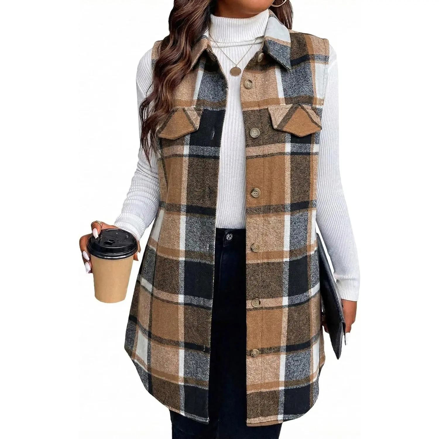 MINA SELF Women's Modern Flannel Plaid Vest - Casual Loose Fit Button-Down V-Neck Sleeveless Layering Outwear with Pockets, Cold Wash Daily Fall Top, Standard US Sizes, Outdoor-Ready