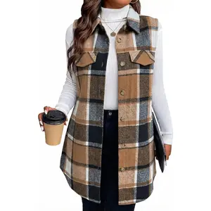 Mina Self 2025 Lady's Hip-Length Loose Flannel Plaid Vest Jacket - Fully-Lined, Sleeveless, Warm, Casual Clothes with Pockets, Buttons, Women's Casual Vests