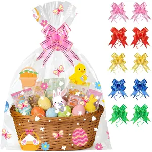 10 count Large Easter Basket Bags with Bows: 20x28 Inch Clear Cellophane Wrap for  Baskets - 2.8 Mil Thick Easter Cellophane Bags for  Toys Holiday Hampers and  Wrapping