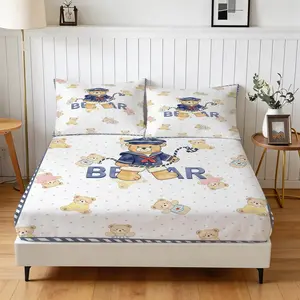 Navy-Style Teddy Bear Fitted Sheet Set Including 1 Flat Sheet And 2 Pillowcases. Features Soft Cartoon Bear Full Print And Low Saturation Colors. Perfect For Girls' Bedroom And Kids' Room Decoration