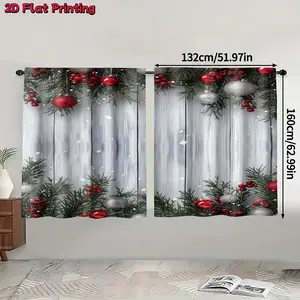 2 Pieces,2D Flat,Christmas Tree Christmas Ball Printed Curtains,Rustic Wood Board Background,Christmas Decorative Curtains, Rod Pocket Installation, Suitable for Living Room Bedroom Wardrobe Kitchen Study Home Decorations, Christmas Day Themed Decorations