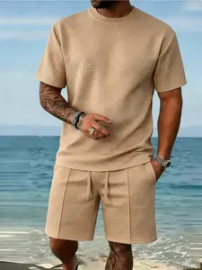 Men's Solid Color Textured Short Sleeve Shorts Set, Casual Summer Tropical Beach Vacation, Men's Fashion Clothing