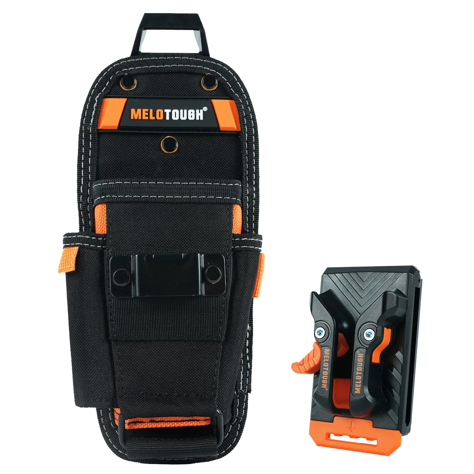 MELOTOUGH Small Heavy-Duty Belt-Mounted Tool Pouch - 600D Fabric 5”L x 2”W x 10”H Durable Tool Bag with Quick-Release Belt Clip, Snap On/Off Function, 8 Pockets, Electrician Tape Holder for Construction Workers, Belt-Mounted Tool Bags