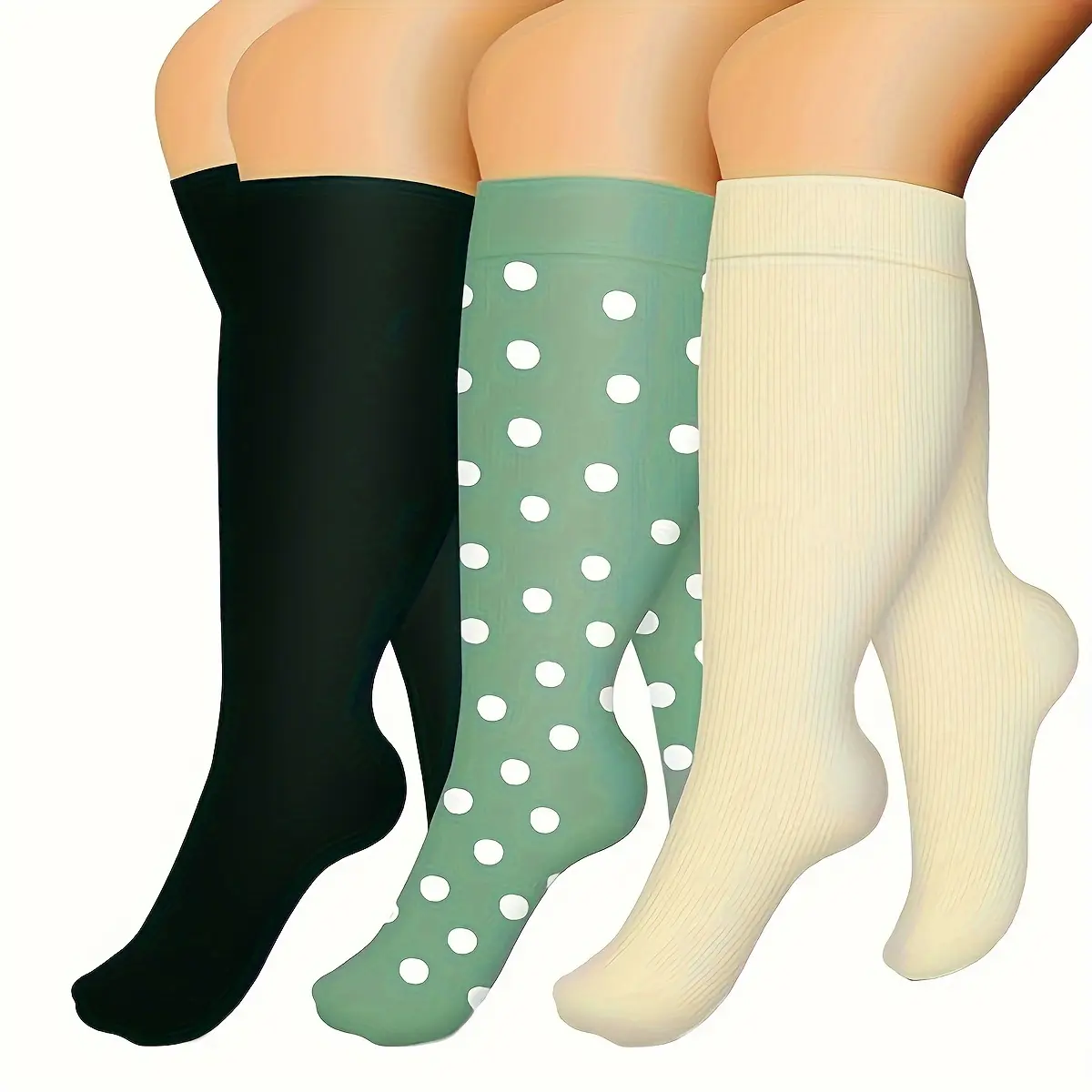 3 Pairs Plus Size Women's Elastic Sports Compression SocksBreathable Nylon Calf Socks with Green Polka Dot Design, AllSeason Support for Athletic Performance , Hand Wash OnlyStockings Smooth Fabric Construction