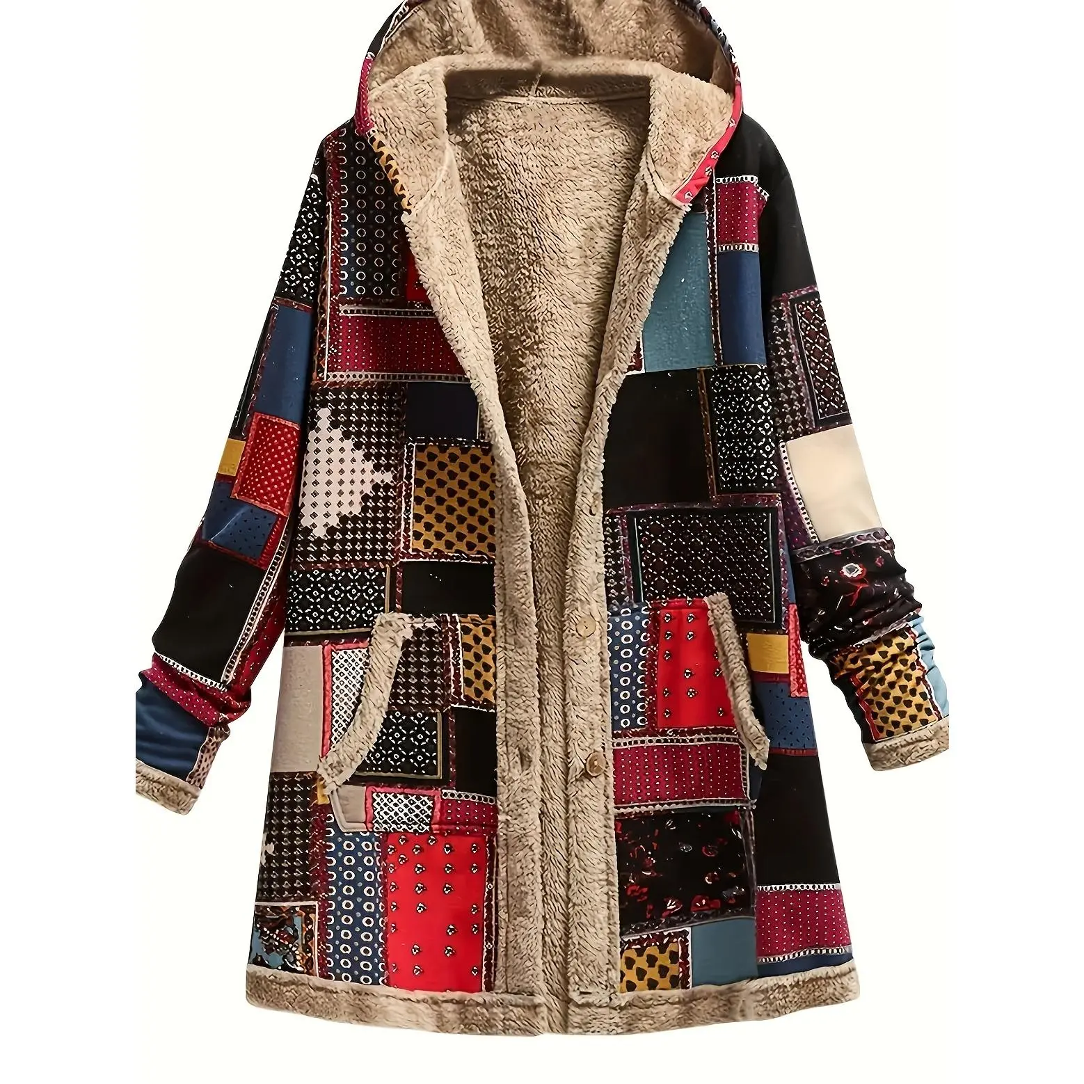Women'S Plush Printed Hooded Jacket - Cozy Long Sleeve Casual Outerwear with Flap Pockets, Geometric Pattern, Polyester, Fall/Winter Wear, Casual Weekend Jacket |     Geometric Pattern Jacket |     Soft Texture Jacket
