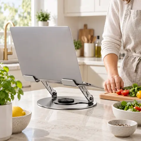 Ergonomic 360° Horizontal Rotation Computer Stand for Laptops, Tablets & Gaming Laptops, Aluminum Desk Riser with Adjustable Height, Multi-Angle Platform, Foldable Dual Arms, Ventilation Slots & Stable Non-Slip Round Base (Holds Up to 17 Inches)