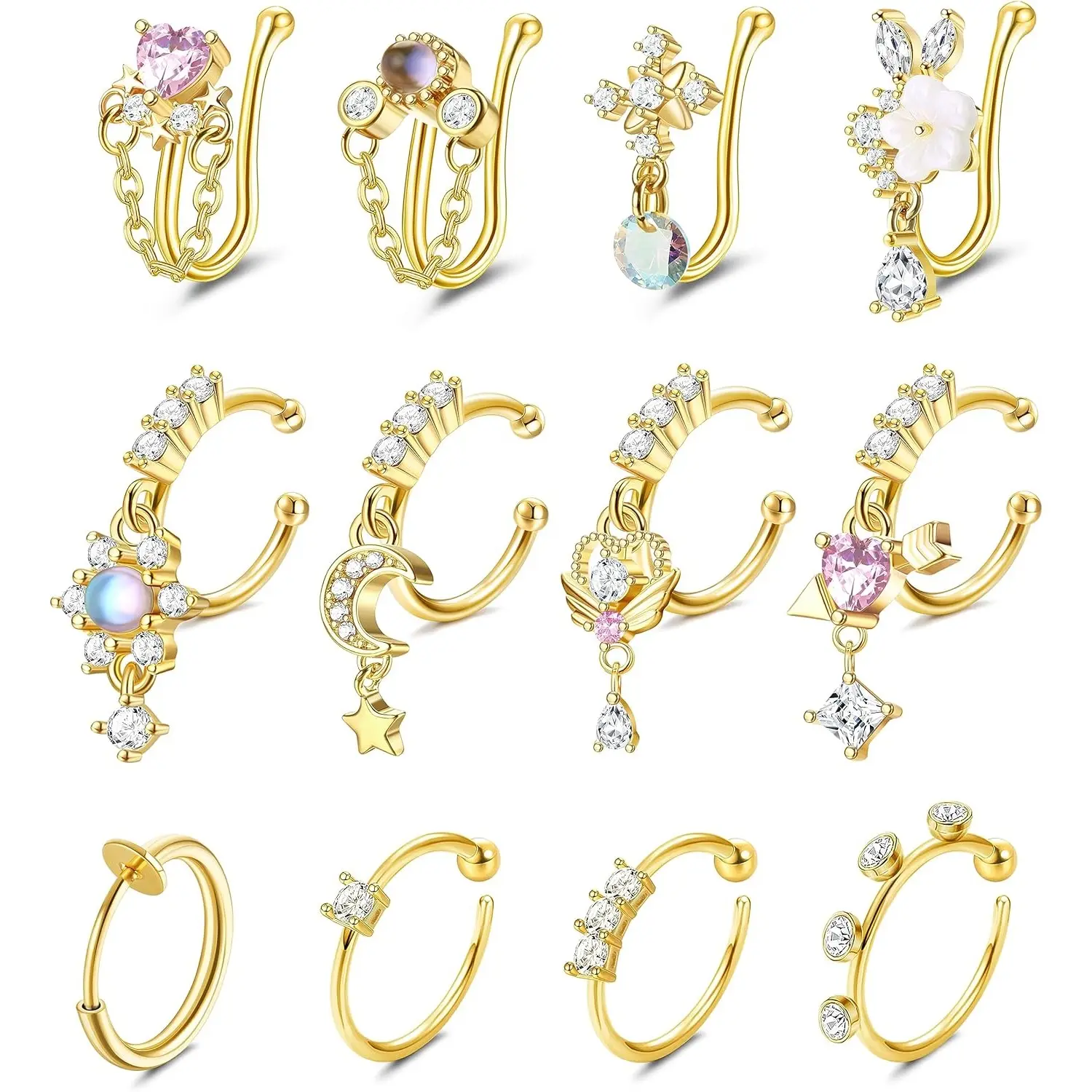 12-16Pcs Nose Cuff Fake Nose Ring Hoop Clip on Nose Ring CZ Dangle Fake Nose Ring Cartilage Tragus Ring Nose Cuff Non Piercing for Women Men Gold Silver Stainless Steel Adjustable