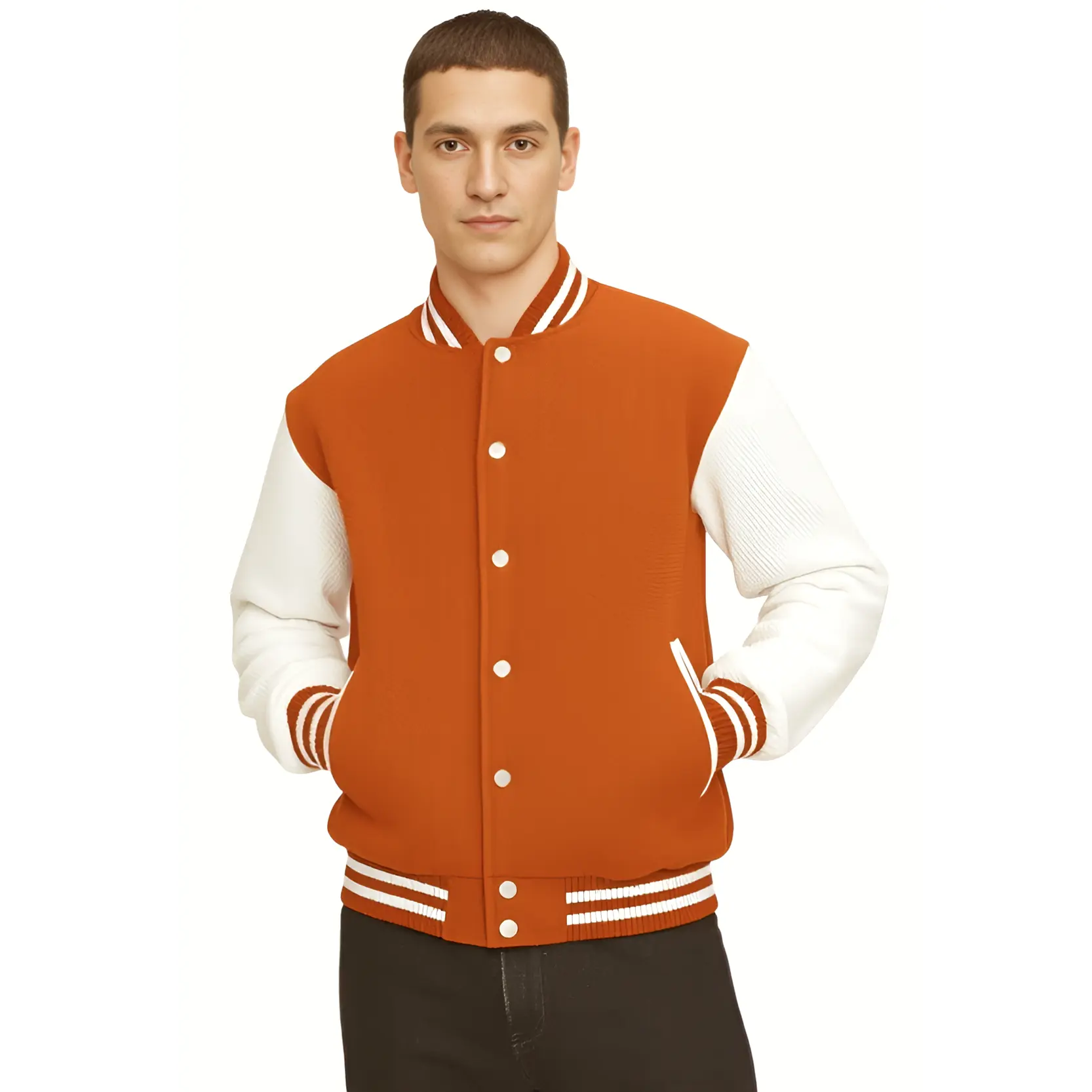 Men’s Varsity Jacket Genuine Leather Sleeve and Wool Body Orange/White
