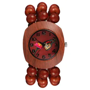 Women's Bohemian Tonneau Wrist Watch, Quartz Analog Beaded Watch with Handmade Natural Wood Stretch Band, Buddhist Beads Bracelet Style, Floral Dial, Casual Fashion Watch