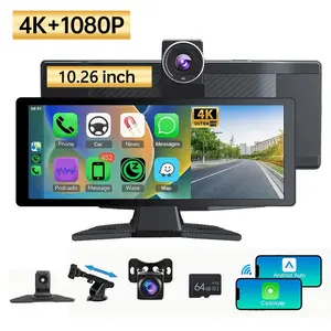 10.26 Inch 1080P HD Portable Car Stereo for Wireless Carplay and Android Auto, IPS 1080P Touch Screen with Front/Rear View Camera/Split Display/Loop Recording/TF Card (Free 64G TF card)