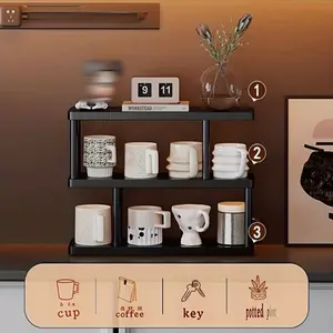 Bamboo Coffee Station Organizer with Cup Display Shelf and Mug Rack Space Saving Countertop Storage for Kitchen Coffee Bar Office Black Modern Design No Assembly Required Durable Bamboo Wooden Shelvin