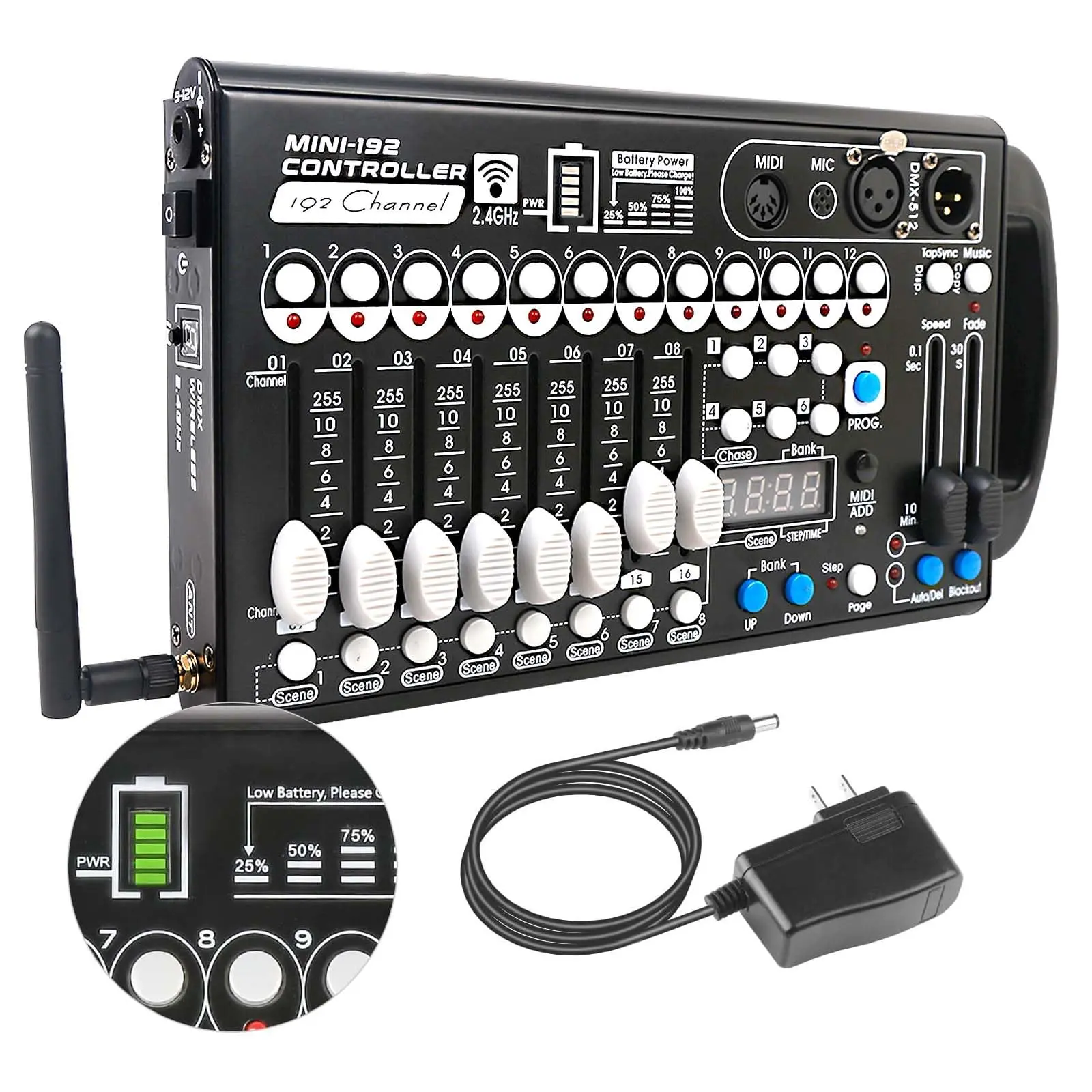 Battery DMX Controller Wireless with MIDI, DMX Board 512 Light Controller for Dj Lights, Dmx512 Lighting Console 192ch with Built-in Battery for Control Stage Light