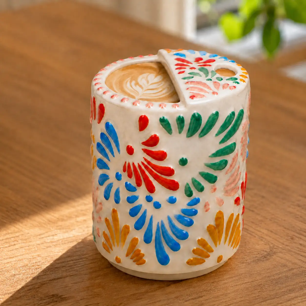 Handcrafted Relief Colorful Floral Ceramic Mug 17oz Large Coffee Tea Travel Mug with Lid Cute Mexican Pottery Dishwasher Safe Lead Free Perfect Gift for Teachers and Coffee Lovers   17