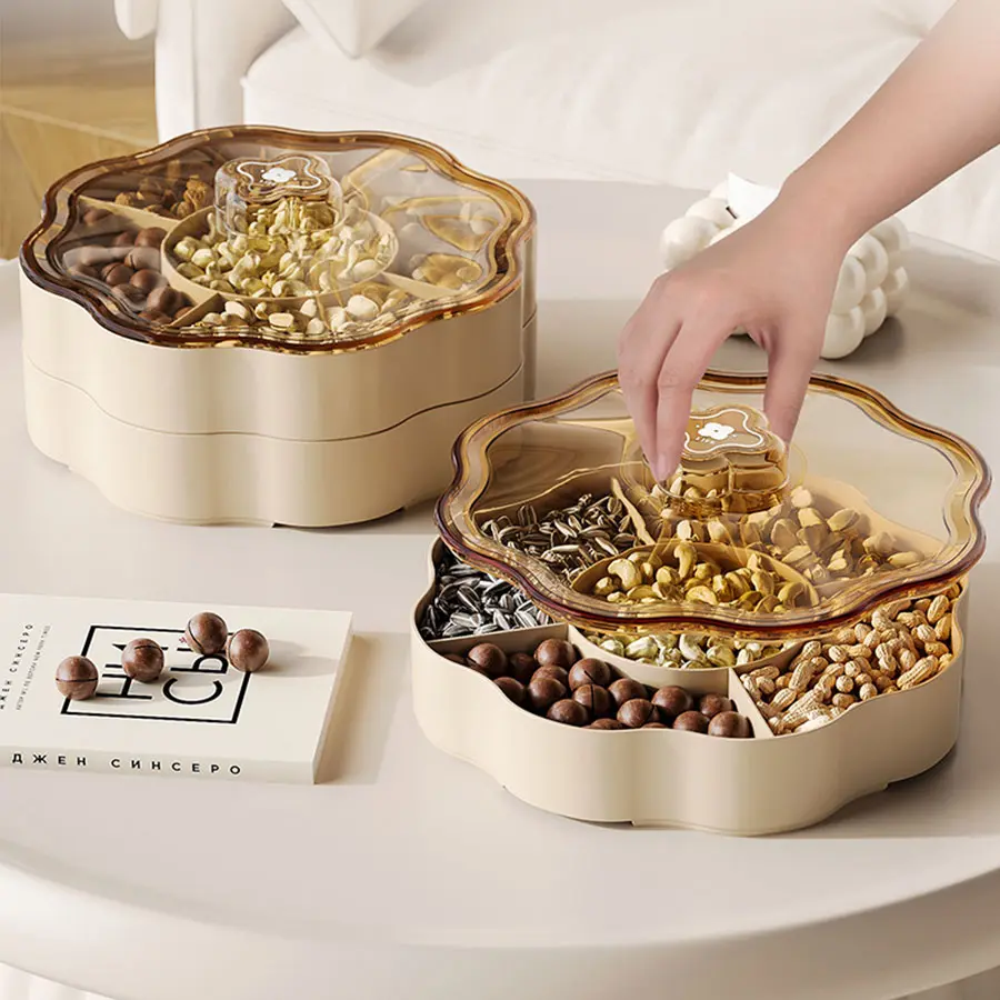 Floral Stackable Plastic Snack Tray with Dustproof Cover - Divided Durable Kitchen Preserving Storage Container, 2-Layer Rotatable Utensil Organizer (Ivory White + Coffee, Generous Size) Enhances Presentation for Home, Party
