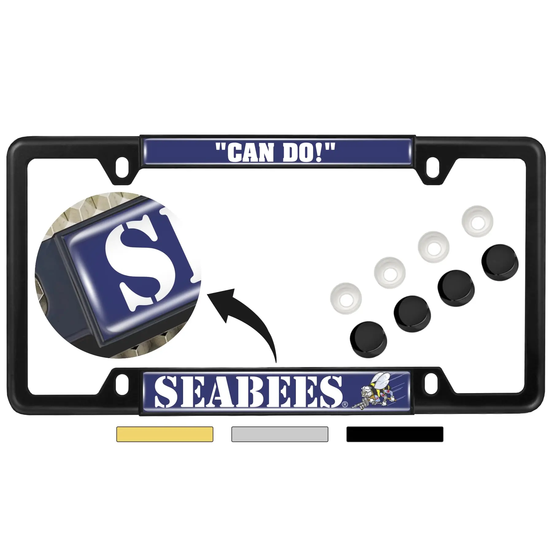 [Officially Licensed] U.S. Navy Seabees Thin Top 4-Hole Metal Car License Plate Frame, Domed Custom-Personalized Narrow Design, Vinyl-Polyurethane Construction, Includes Free Caps