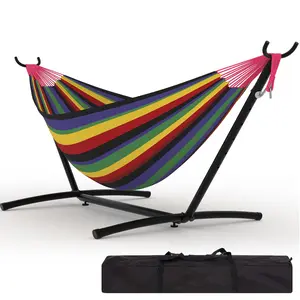 Heavy Duty Double Hammock with Steel Stand, 500lbs Weight Capacity, Portable Indoor Outdoor Hammock, Space Saving Design with Carry Bag for Patio, Garden & Yard