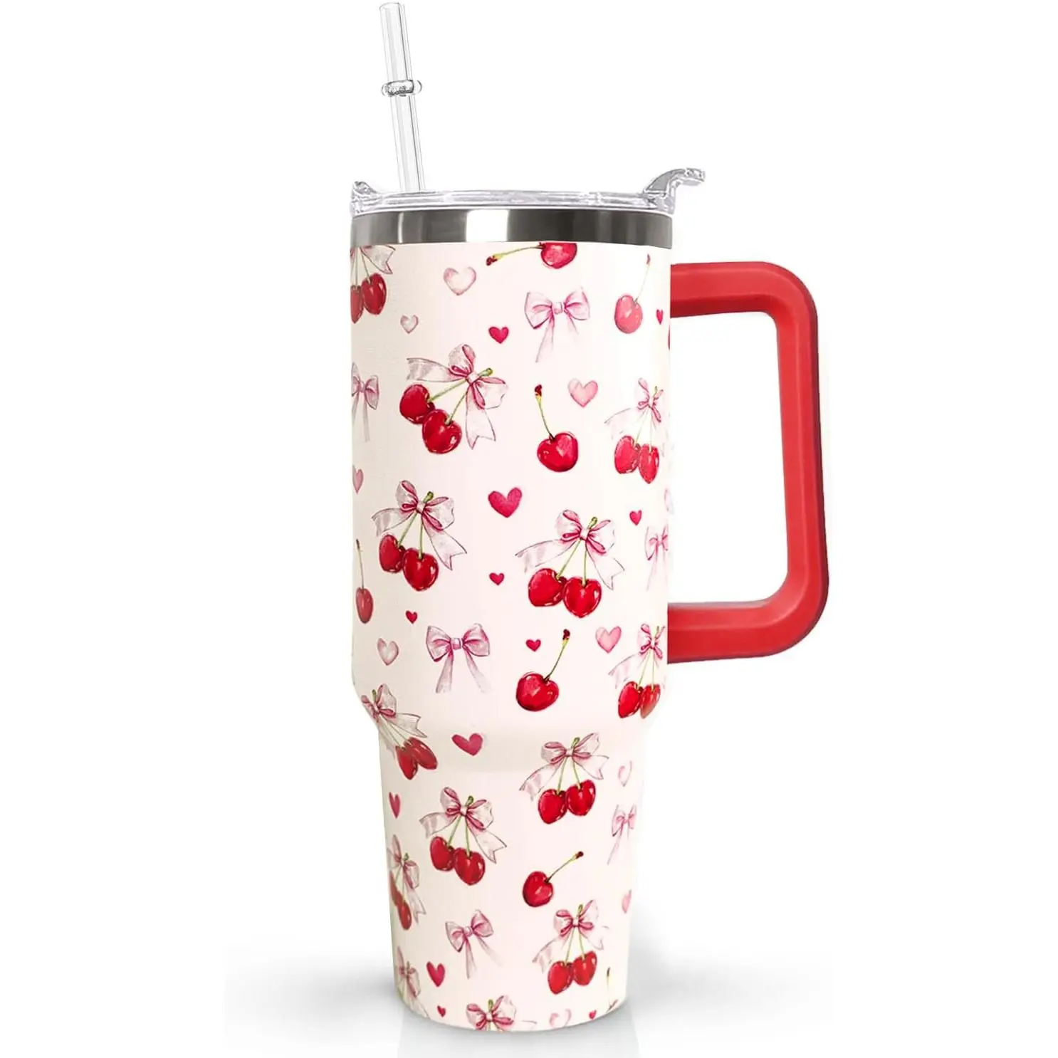 Women's 40oz Cherry Print Bow 18/8 Stainless Steel Tumbler Beverage Bottle, Triple-Insulated Plastic-Free Drinkware with Handle, Transparent Lid, Straw, 12-Hour Cold Retention, Portable Gift for Mom, Teen Girls
