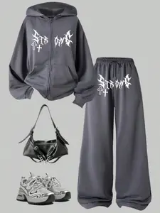 Autumn Winter New Fleece Lined American Style Cross Geometric Graphic Zipper Hoodie Set, Belted Straight Leg Loose Fit Wide Leg Casual Pants Two-Piece Suit Sweatpants