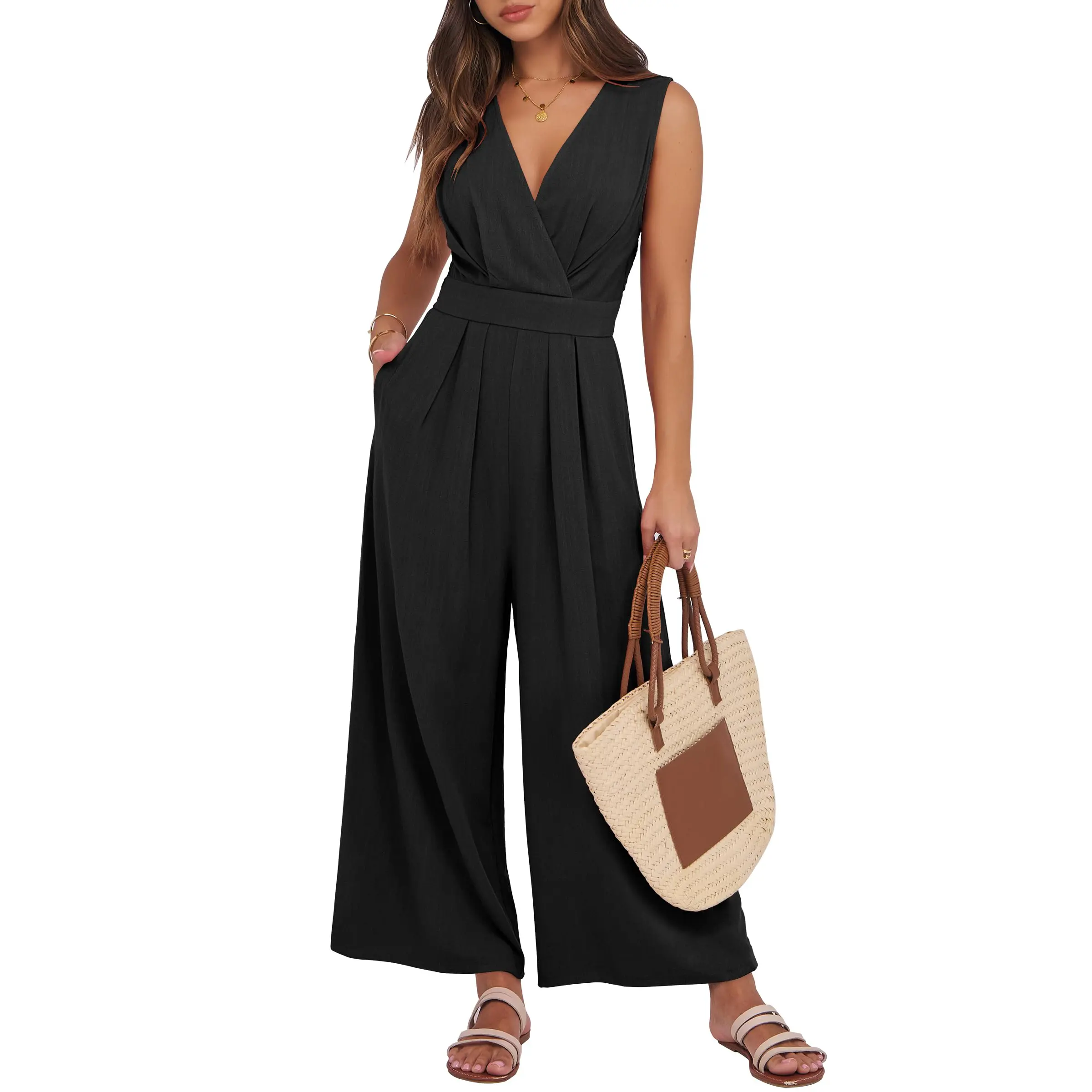 ANRABESS Women Jumpsuits Sleeveless V Neck Elegant Dressy Casual Backless One Piece Pants Romper 2026 Summer Outfits Womenswear Linen