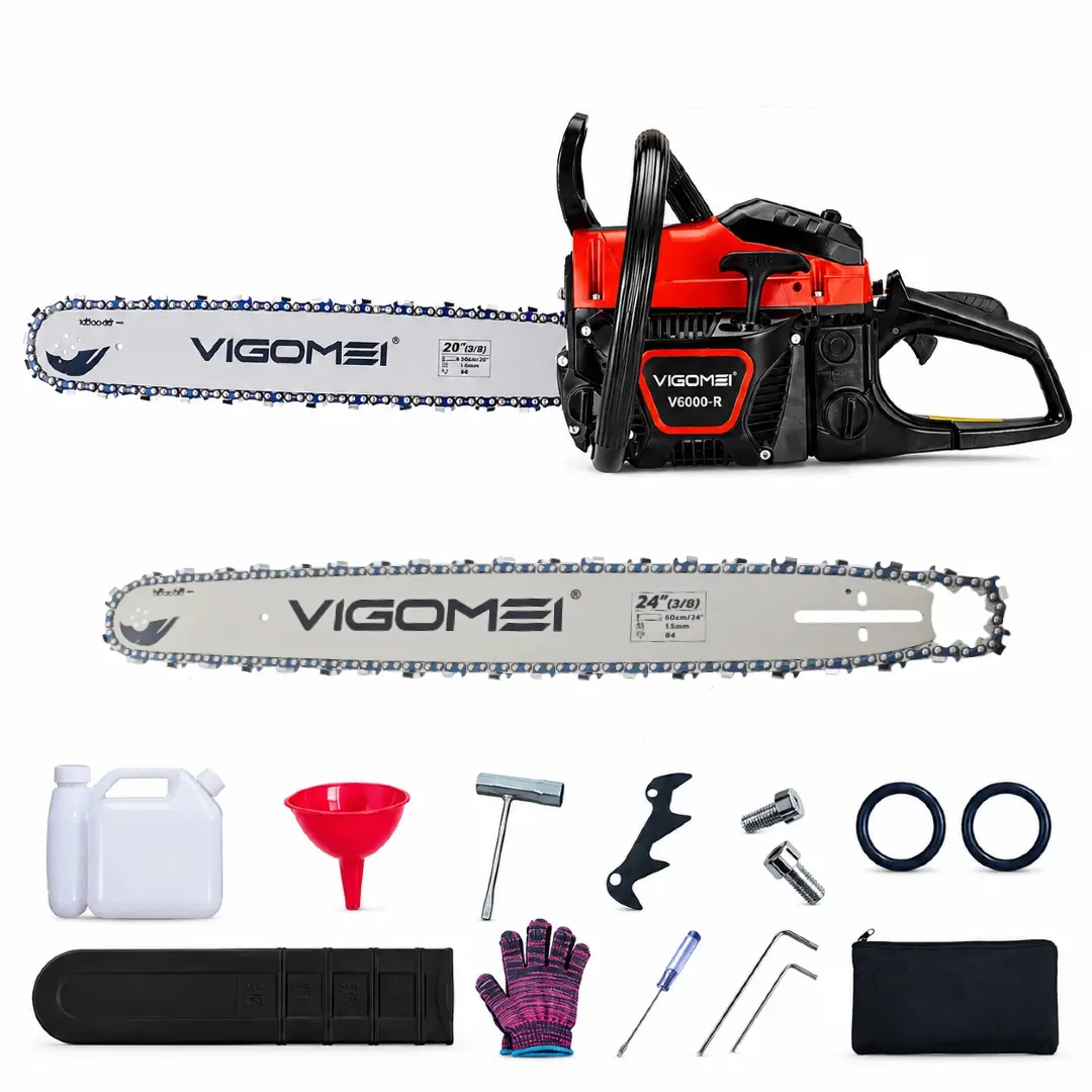 2-Cycle Gas Chainsaw with 20 in + 24 in Guide Bars, 3/8" Pitch Chain for Tree Cutting, German chain, Logging