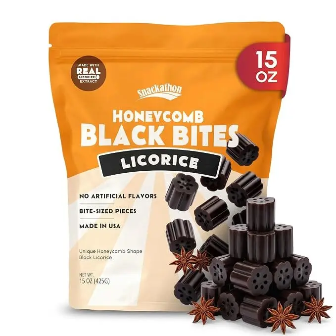 Snackathon Honeycomb Black Licorice Bites, 15 oz Resealable Bag, Old-Fashioned Chewy Black Licorice Nibs, Made in USA, No Artificial Flavors, Classic Treat for Snacking, Candy Jars & Sharing