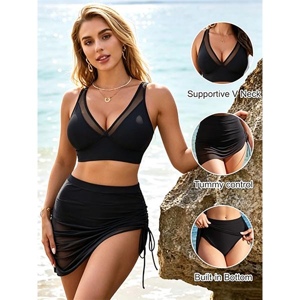 Mesh Sarong Wraps Bathing Suits Womens High Waisted Tummy Control Bikini Sets Mesh Swimsuits #SwimWeek