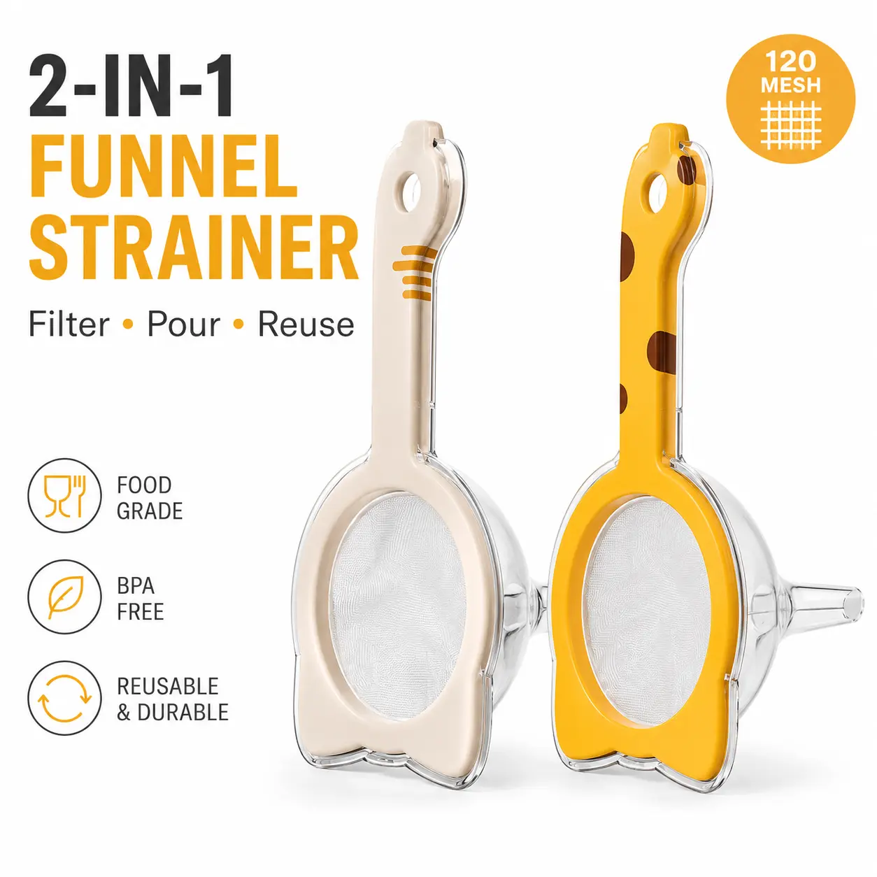 2-in-1 Mesh Strainer Funnel, Fine Mesh Food Filter for Soy Milk, Juice, Coffee, Flour, Kitchen Funnel with Handle
