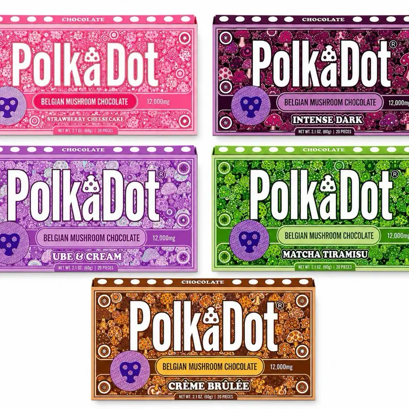 Polkadot Belgian Chocolate, High Potency Plant-based Mushroom, 5 PACK, 5 FLAVORS, VARIETY FLAVORS PACK BUNDLE, 5 DIFFERENT FLAVORS, 100% Organic, High-Quality Ingredients, Made in USA, All Natural, Healthy Chocolate, 20 Piece Chocolate Bar
