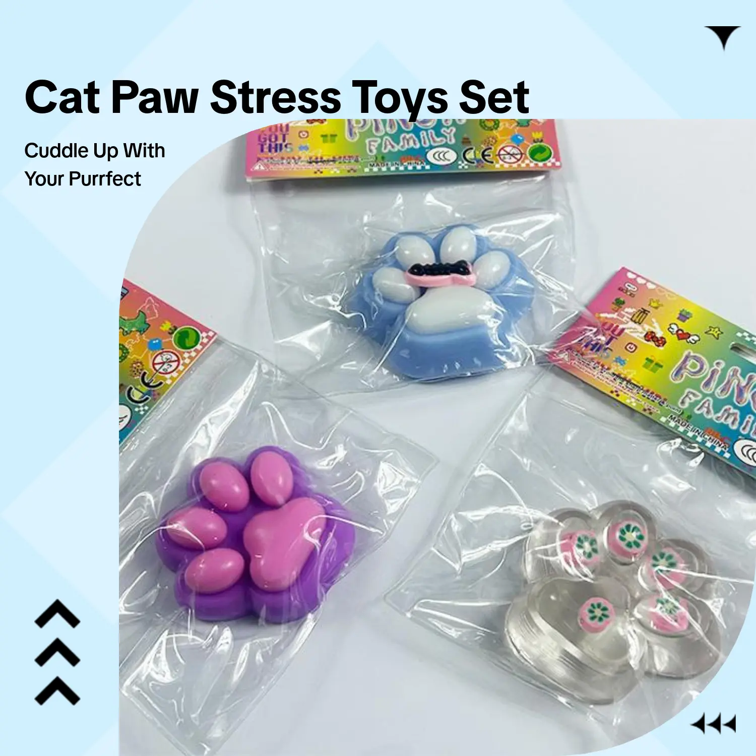 3-Pack Cat Paw Squishies Toys - Soft Stress Relief Sensory Bundle with Gradient Blue, Dreamy Purple, Clear Designs for On-the-Go Relaxation, Teenage Girl Gifts