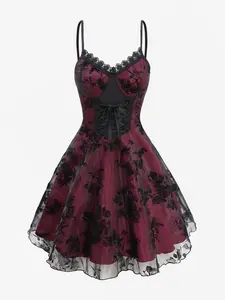 Rosegal Women's Gothic Flocking A-Line Dress - Spaghetti Strap, Sleeveless, Adjustable Tie Strap, Lace-Up, Lace-Trim, Layered, Backless Cami, Leaf Floral Bird Print, Flocking Fabric, Clothes for Cocktail Party, Daily Wear