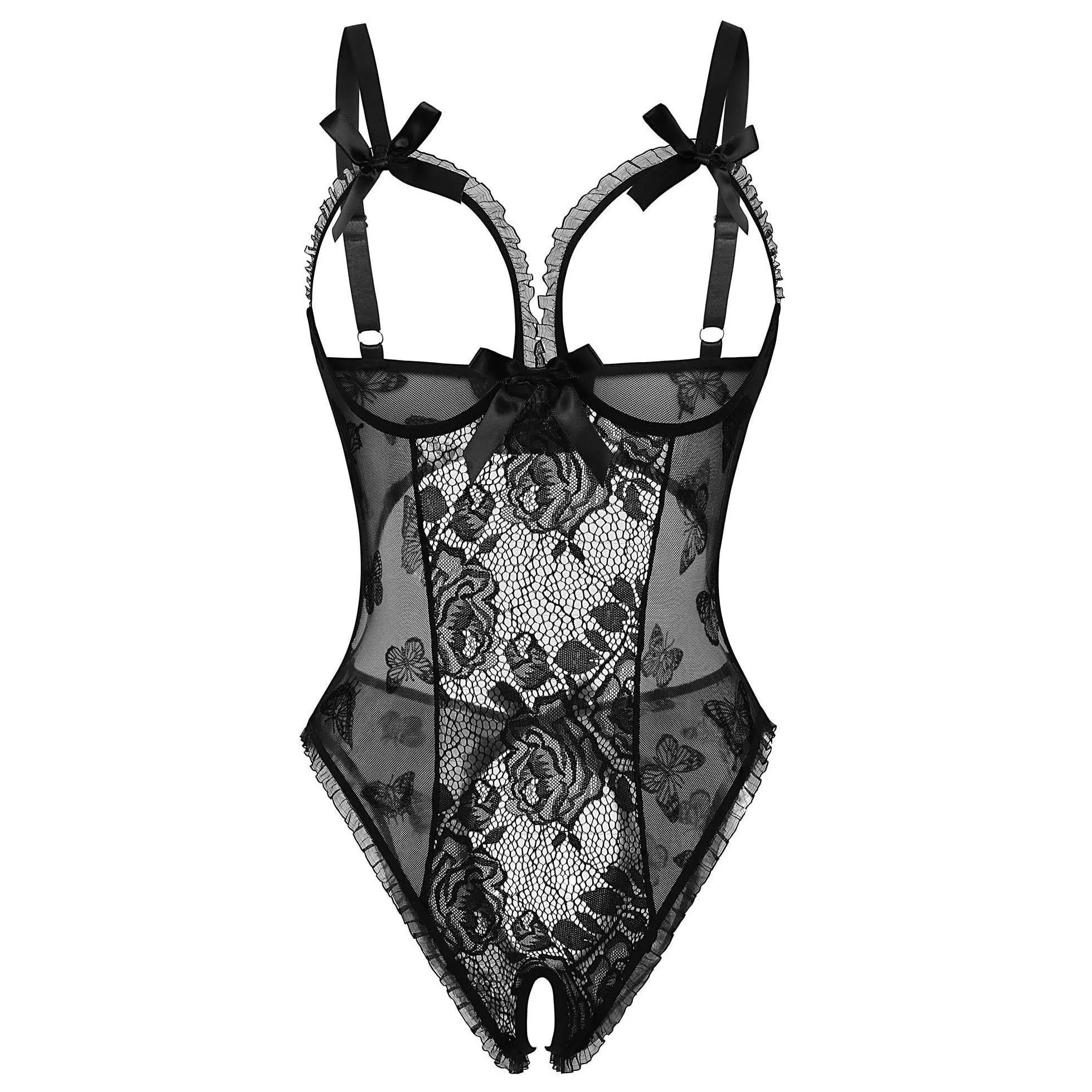 EvilEnergy Women's Backless Floral Lace Babydoll Mini Bodysuit with Cutout Bra & Adjustable Straps for Everyday & Bridal Wear Fitted Womenswear Lingerie Basic
