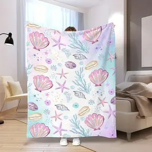Watercolor Pastel Seashell Starfish Coastal Beach Soft Cozy Flannel Blanket Ocean Theme Print Plush Throw Warm Fuzzy Bedroom Sofa Blanket Perfect Gift for Beach Ocean Lover Women Girls Kids, Coastal Look, Flannel Fabric
