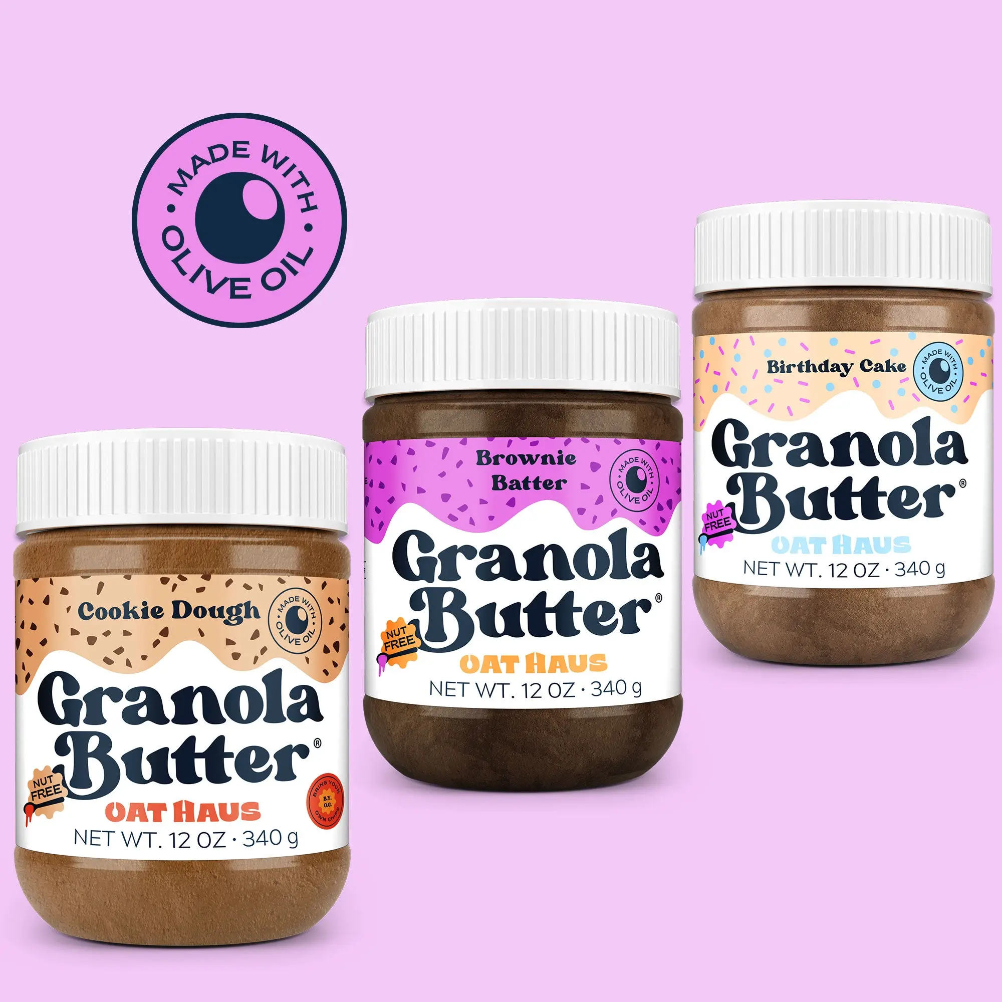 Best Sellers Granola Butter Bundle - Cookie Dough, Brownie Batter & Birthday Cake - First ever Oat-Spread - Nut Free, Gluten Free - Made with Olive Oil