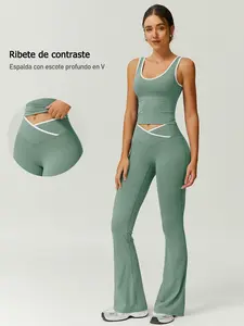 Women's Sportswear Two-Piece Set V-Neckline Enhances Clavicle Line, Hollow Out Big V Back Design, Color Block Waistband, Workout Tracksuit