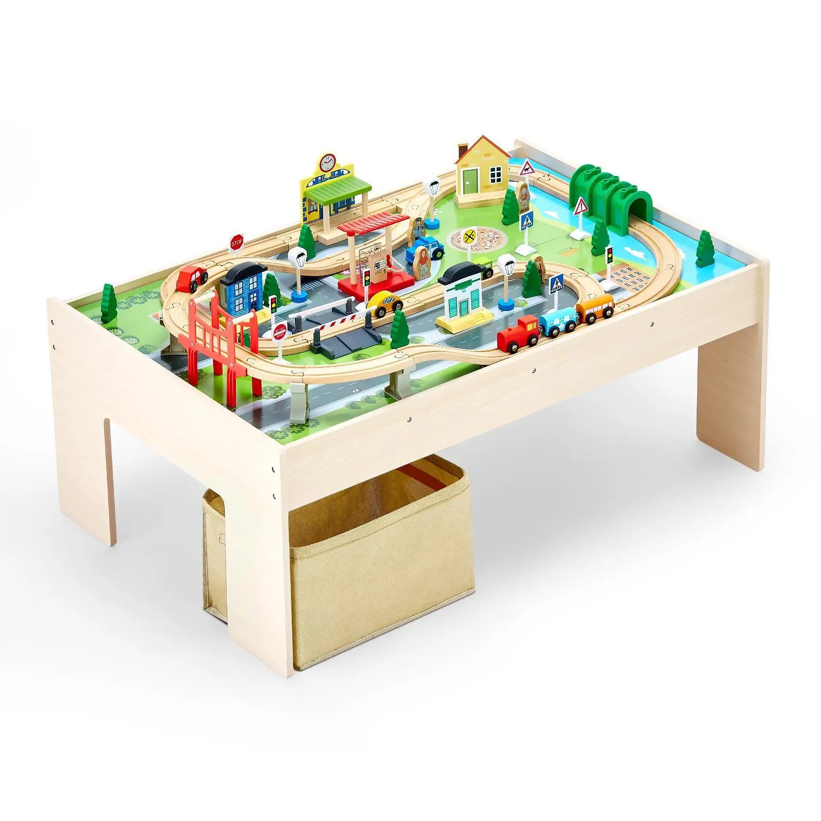 VEVOR 3-in-1 Convertible MDF Wood Play Desk - Playful Train Kit Table with 84 Multicolor Pieces, Foldable Storage Bin, Reversible Top, Boosts Creativity & Organization, Birthday Gift for Kids Ages 3+