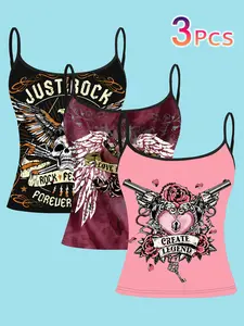 3-Pack Winged Punk Romantique Crop Top, Skull Rose Heart Prints, Slim Fit Strapless Sleeveless Shirt, Casual Cami Top, Casual All-Season Fashion, Womenswear