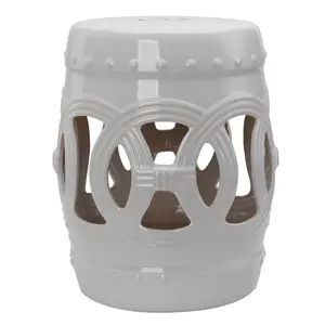 White Ceramic Garden Stool 14x17 Inch Double Coin Knotted Ring Design Strong Glazed Material Decorative Outdoor Stool for Patio Backyard Living Room Entryway Home Collection
