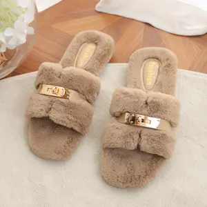 Mao Mao Women's Soft Furry Slippers 2025 Spring Autumn Round Toe Non-Slip Sole Adjustable Straps Elegant Home Wear Flipflop Girl Walking Shoes