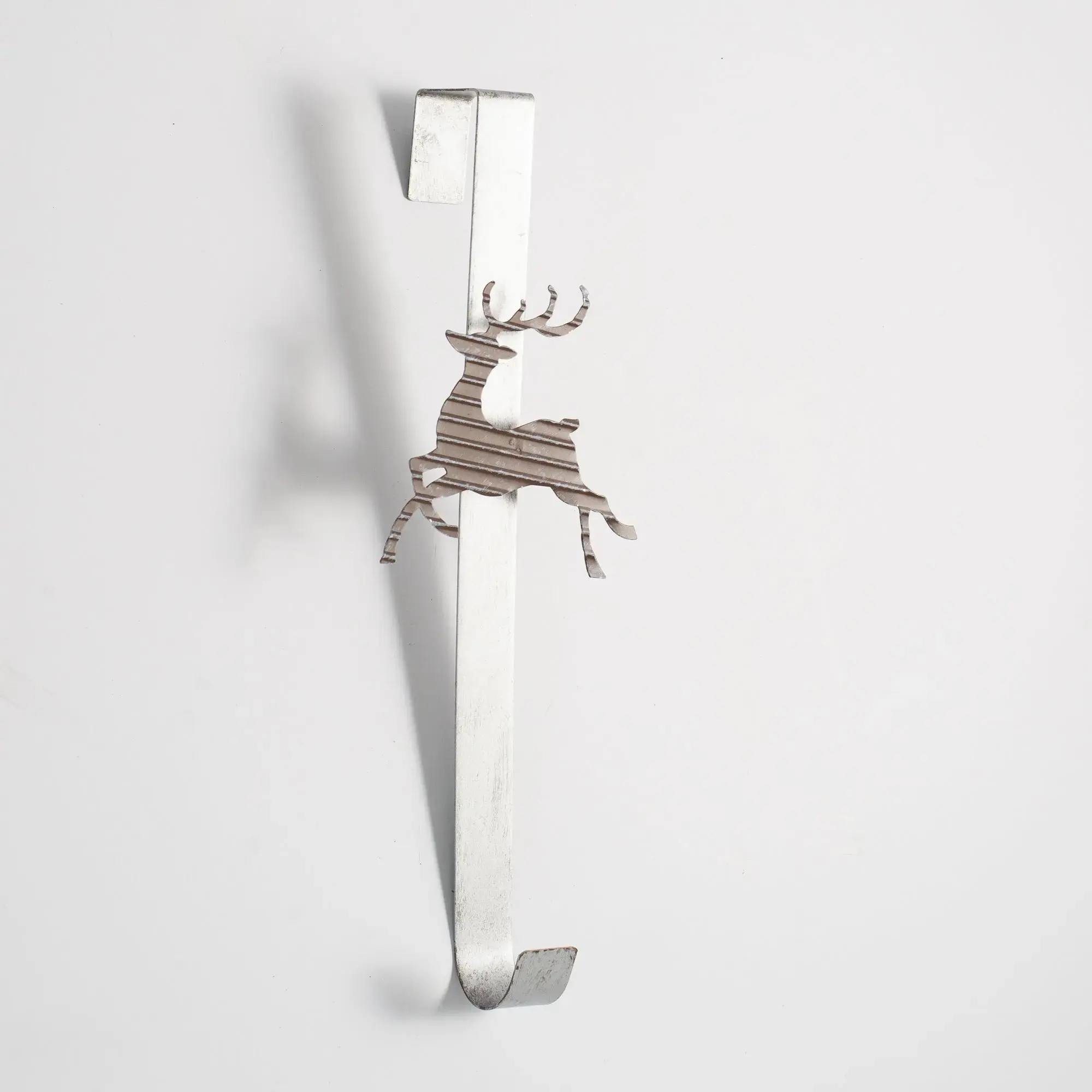 Farmhouse White Galvanized Metal Over-The-Door Christmas Reindeer Wreath Hanger - 14in Long, Door Mount, Indoors & Outdoor Safe, for Holiday Space Decoration, Over The Door Wreath Hanger